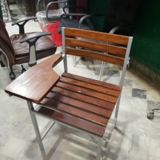 Student chairs iron frame wooden strips.